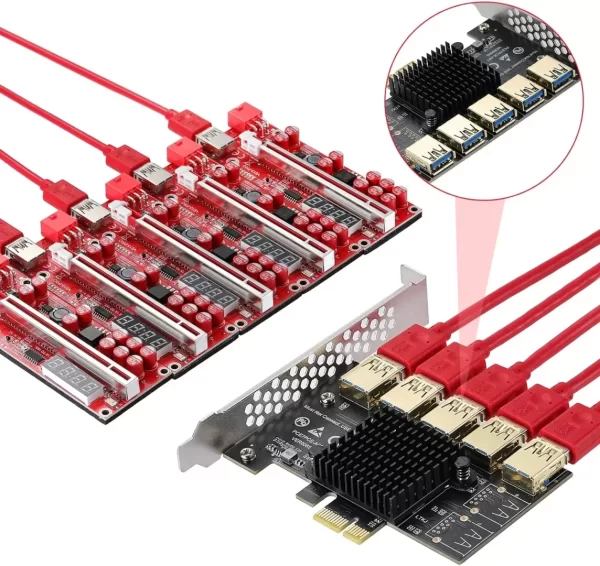 BEYIMEI PCI-E 1 to 5 Riser Card,PCI-E 1X to 5 PCI-E USB3.0 Adapter Multiplier Card,Pcie Splitter 1 to 5 PCIE Riser Card for Bitcoin Ethereum Mining