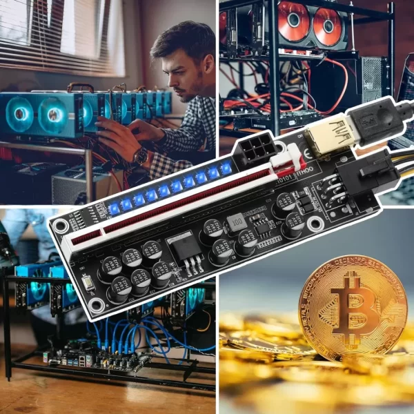 BEYIMEI PCI-E Riser 1X to 16X for Bitcoin GPU Mining Powered Riser Adapter Card,11 Fixed Capacitors,LED Colorful Light Effect,60cm USB 3.0 Cable-for Ethereum ETH Mining (VER014-6 Pack)