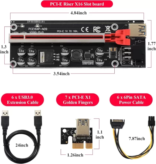 BEYIMEI VER009S-PLUS PCI-E 1X to 16X Riser Card,8 Solid Capacitors,6PIN SATA Power Cable,60cm USB 3.0 Extension Cable,Suitable for GPU Bitcoin Ethereum Mining (6Pack)