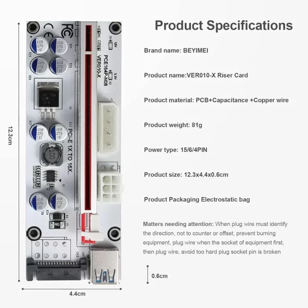 BEYIMEI PCI-E 1X to 16X Riser Card,GPU Riser Adapter Card,with 0.6 m USB 3.0 Extension Cable,6PIN / 4PIN / SATA Interface, for Bitcoin & Crypto Mining Ethereum Mining ETH(VER010-X, 6 Pack)
