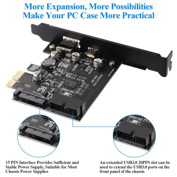 BEYIMEI PCI-E 1X to USB 3.2 Gen1 5Gbps 2 Ports(Type C+ Type A) Expansion Card,with 19PIN USB 3.0 Interface, 15PIN SATA Power Connector, PCIE to USB Card Supports Windows 10/8/7/Linux