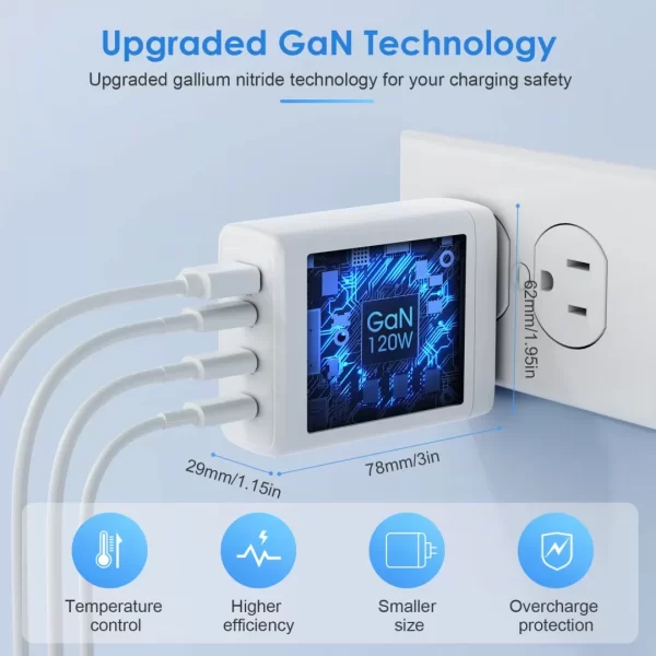 BEYIMEI 120W USB C Charger GaN,USB C Power Adapter PD3.0 4 Ports Multiple Charger with USB-C and USB-A,PPS/PD Power Adapter Compatible with MacBook Pro, iPad Pro,iPhone 14 Pro Max,Steam Deck etc