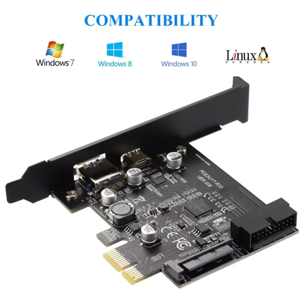 BEYIMEI PCI-E 1X to USB 3.2 Gen1 5Gbps 2 Ports(Type C+ Type A) Expansion Card,with 19PIN USB 3.0 Interface, 15PIN SATA Power Connector, PCIE to USB Card Supports Windows 10/8/7/Linux