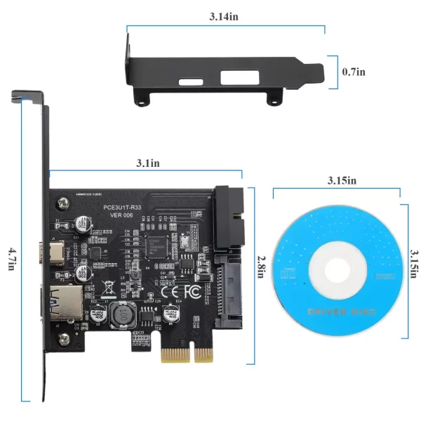 BEYIMEI PCI-E 1X to USB 3.2 Gen1 5Gbps 2 Ports(Type C+ Type A) Expansion Card,with 19PIN USB 3.0 Interface, 15PIN SATA Power Connector, PCIE to USB Card Supports Windows 10/8/7/Linux