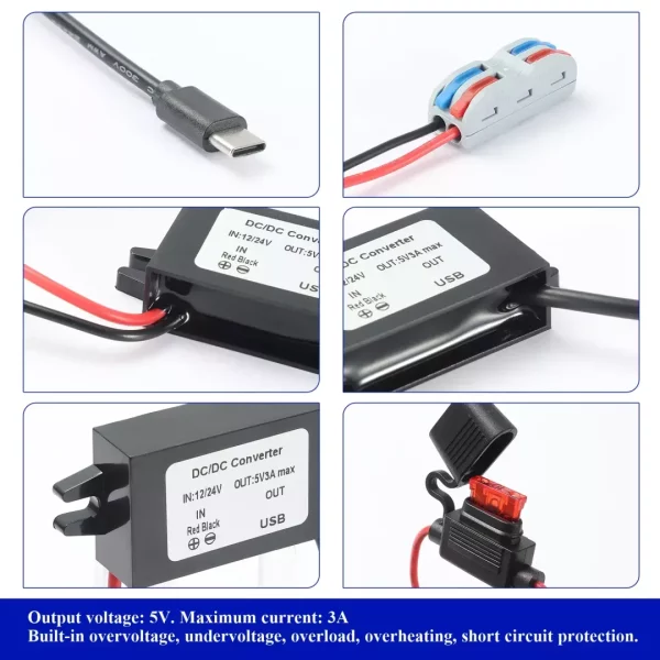 BEYIMEI DC Waterproof Buck Converter 12V 24V to 5V 3A 15W with USB C Interface