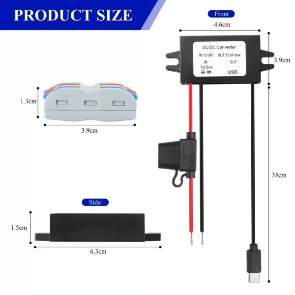 BEYIMEI DC Waterproof Buck Converter 12V 24V to 5V 3A 15W with USB C Interface