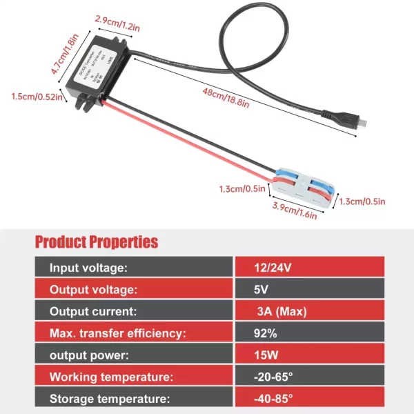 BEYIMEI DC Buck Converter 12V/24V to 5V 3A 15W with Micro USB