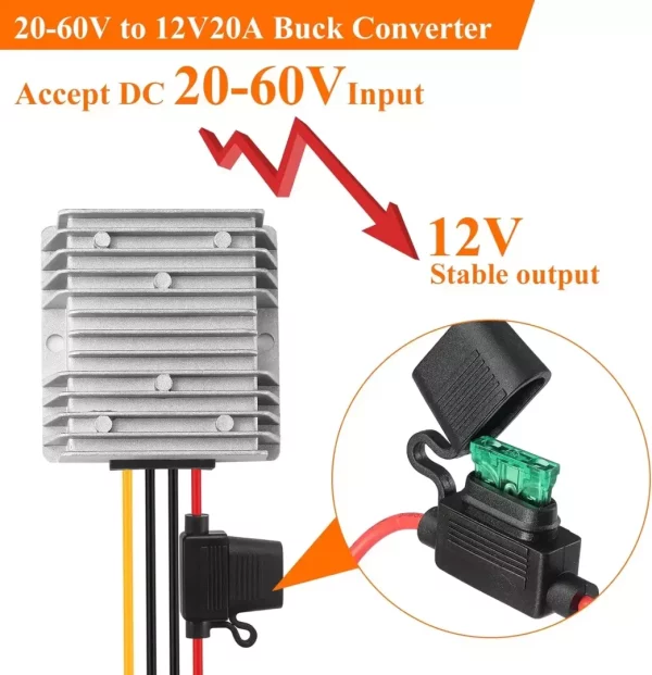 BEYIMEI Voltage Reducer,DC 20-60V 24V/48V to DC 12V20A Step Down Converter Regulator