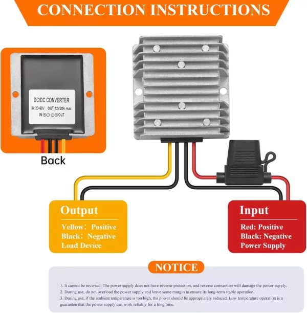 BEYIMEI Voltage Reducer,DC 20-60V 24V/48V to DC 12V20A Step Down Converter Regulator